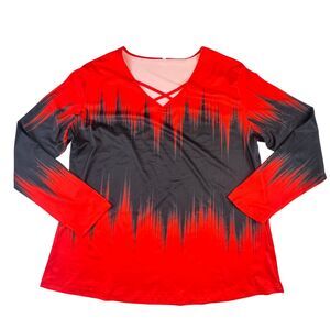 Boutique Shirt 1X Red Black Abstract Edgy Graphic Cyberpunk Lattice Neck Top